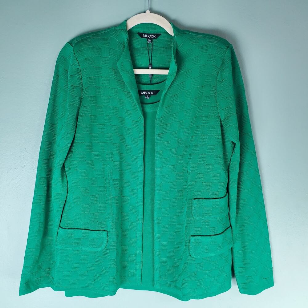 Misook Womens Green Textured Knit Jacket Set Open Front Long Sleeve Size Small